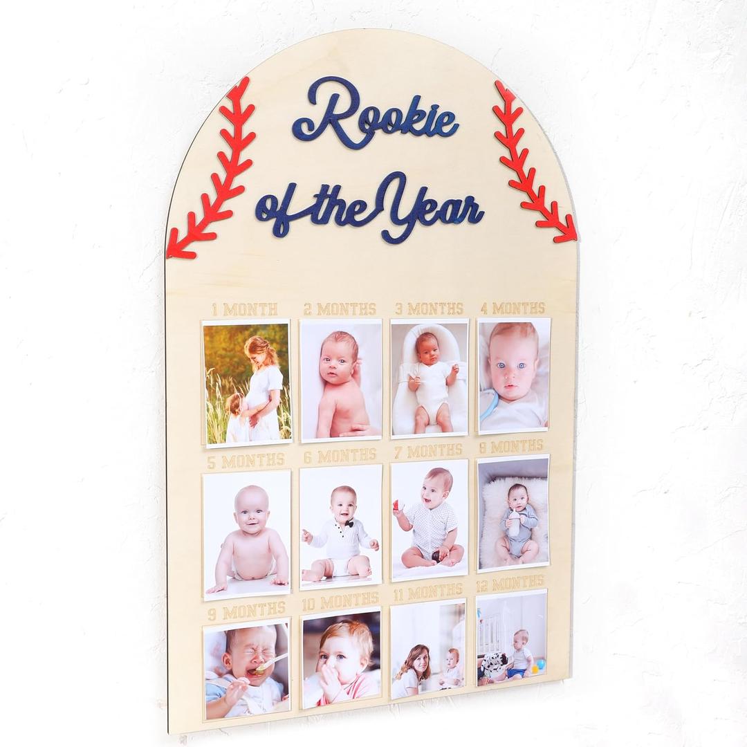 WAUAO One Year Wooden Photo Decorations - Baseball 1st Birthday Decorations,Rookie Of The Year,One Year Birthday Photo Board,12 Monthly Milestones Birthday Decor