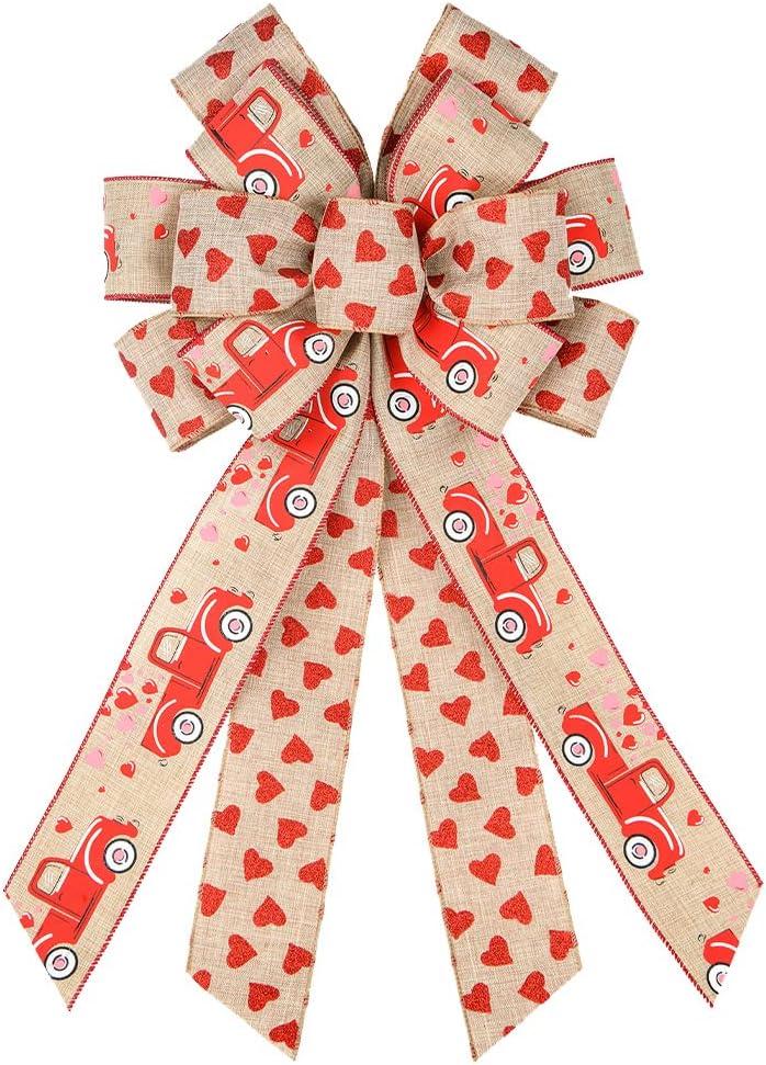 3 x Hying Large Valentines Bows for Wreath, Natural Burlap Bows Valentines Wreath Bow Glitter Red Heart Truck Tree Topper Bows for Front Door Wall Party Valentines Decorations (Style 3: Love Truck)