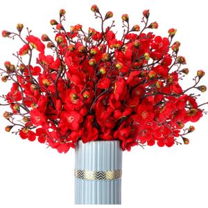 18 Pcs Artificial Plum Blossom Faux Flowers Silk Simulation Bouquet Flower Hibachi Party Decorations for Home Kitchen Hotel Office Wedding Party Garden (Red, Classic)
