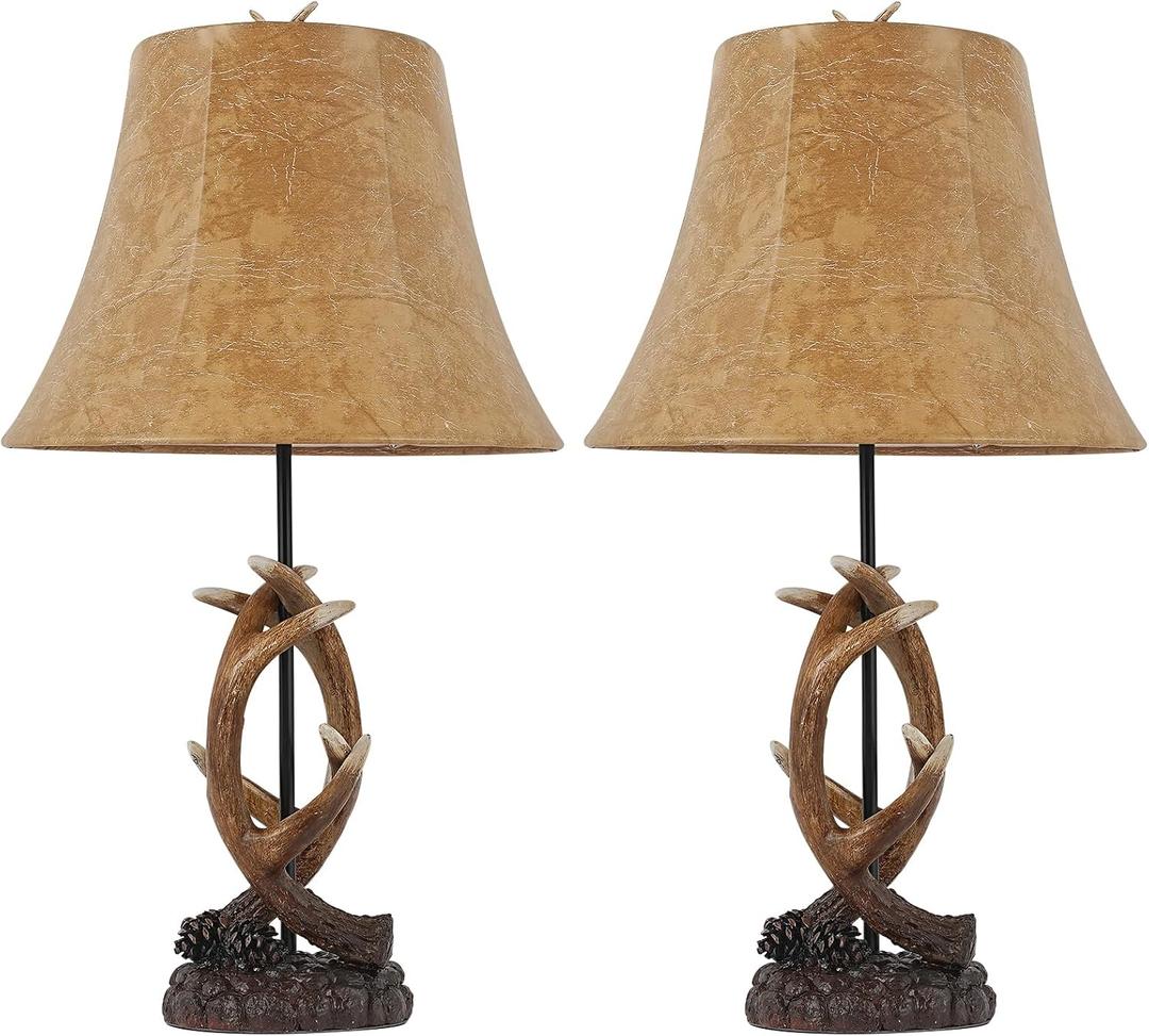 Rustic Western Antler Set of 2-22.9" Farmhouse Table Lamp with 2 USB Ports, Rustic Nightstand Lamp for Home Room Decor Living Room Bedroom