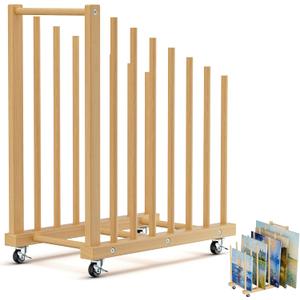 Art Storage Rack with Handle, Art Drying Painting Rack with Caster Wheels, Beech Wooden Art Canvas Storage for Canvas Boards, Panel, Frame for Art Studios, Artworks, Gallery