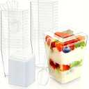 100 Pack 5 oz Square Clear Plastic Dessert Cups with Spoons and Lids, Small Clear Plastic Tumbler Cups Great for Desserts, Appetizers, Puddings, Mousse and more