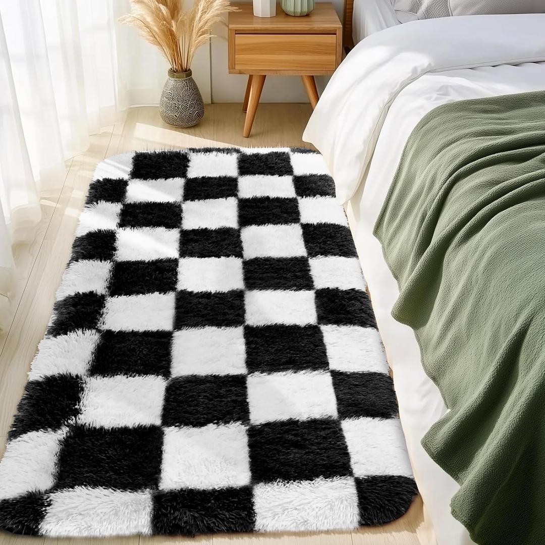 Soft Rugs for Living Room, 2x6 FT Black and White Checkered Fluffy Shaggy Rugs for Indoor Use, High Pile Ultra Fuzzy Rug for Bedroom Kids Nursery Rooms,Home Decor Aesthetic