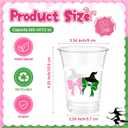 Chuangdi 50 Pcs 12 oz Princess and Witch Cups Pink and Green Disposable Witch Hat and Bows Plastic Cups for Musical Theatre Witch Themed Birthday Party Decoration