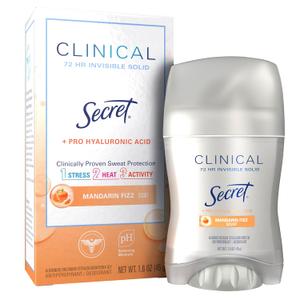 Secret Clinical Strength Antiperspirant Deodorant for Women, 3X Stress Protection, 72hr Sweat & Odor Protection, Pro-Hyaluronic Acid, Invisible Solid, Mandarin Summer Fizz Scent, 1.6 oz