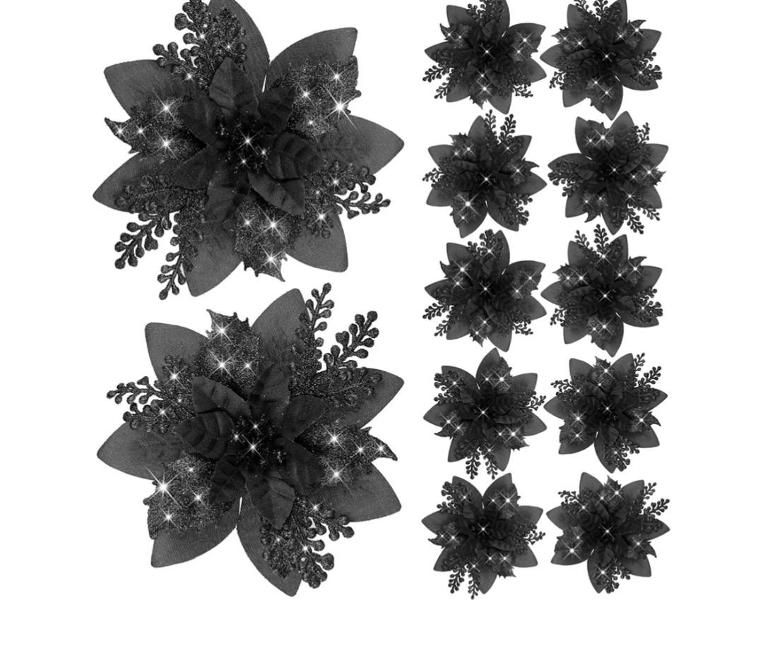 Canlierr 12 Pieces 5.7 Inch Christmas Poinsettia Flower Christmas Glitter Artificial Flower with Clips Xmas Tree Ornament for Wreath Garland Party Decor (Black)