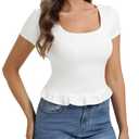 Belle Poque 2026 Summer Cute Tops for Women White Short Sleeve Crop Tops Square Neck Ruffle Hem T Shirts M (White, M)