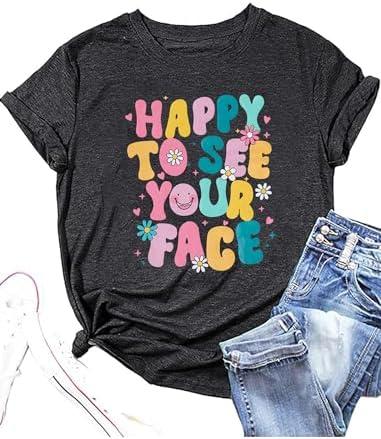 ALLTB First Day of School Shirt Happy to See Your Face Shirts Women Back to School T-Shirt Teacher Life Tee Tops, Small