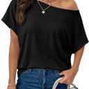 Tankaneo Womens Off The Shoulder Tops Oversized T-Shirts Summer Casual Short Sleeve Boat Neck Loose Fit Basic Tees (Black, M)
