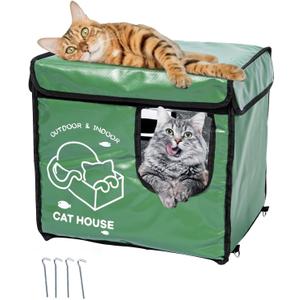 Indestructible Cat House Outdoor with Two-Sided Escape Door, Insulated and 100% Waterproof, Outside Weatherproof Feral Cat Shelter for Winter, Oxford Cloth Upgraded (Green, S)