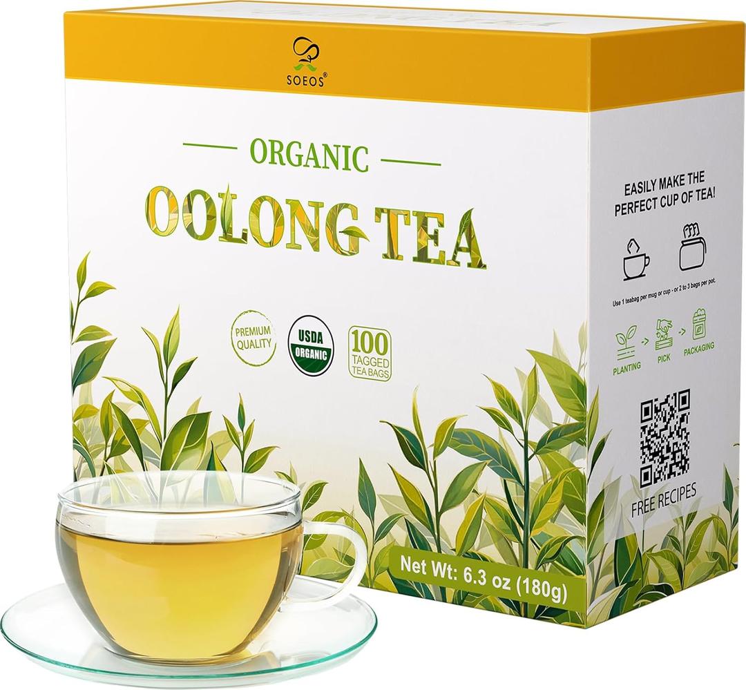 Soeos Organic Oolong Tea, 100 Tea Bags, Low Caffeine, Hot and Cold Brew, Fresh and Healthy Oolong Tea, 6.3 Ounce