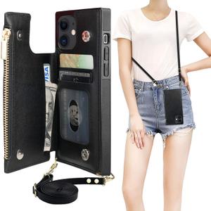 Bocasal Crossbody Wallet Case for iPhone 12/12 Pro with Card Holder,Zipper Card Slot Protector Shockproof Purse Cover with Removable Cross Body Strap 6.1 Inch(Black)