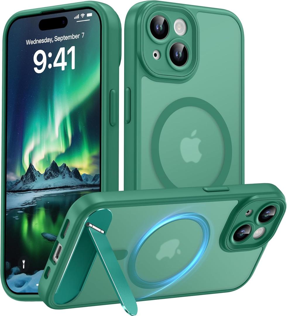 Magnetic Compatible with iPhone 15 Case, [Built-in Invisible Kickstand][Compatible with MagSafe][Full Camera Protection] Translucent Matte Phone Case for iPhone 15 6.1" Teal (Blue Green)