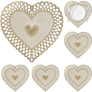 Heart-Shaped Placemats Set of 6, Gold Valentine's Day Placemats Waterproof Dining Table Mats Decor for Party Kitchen Dining 15X15inch, Gold Heart