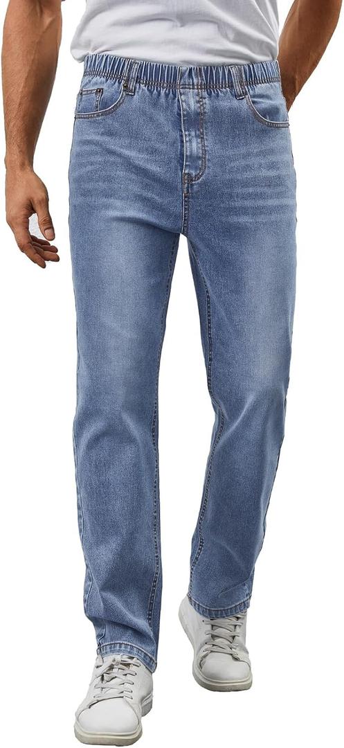 WICUSION Mens Elastic Waist Jeans Relaxed Fit Stretch Denim Pants Straight Leg Jean with Zipper, Light Blue 3XL