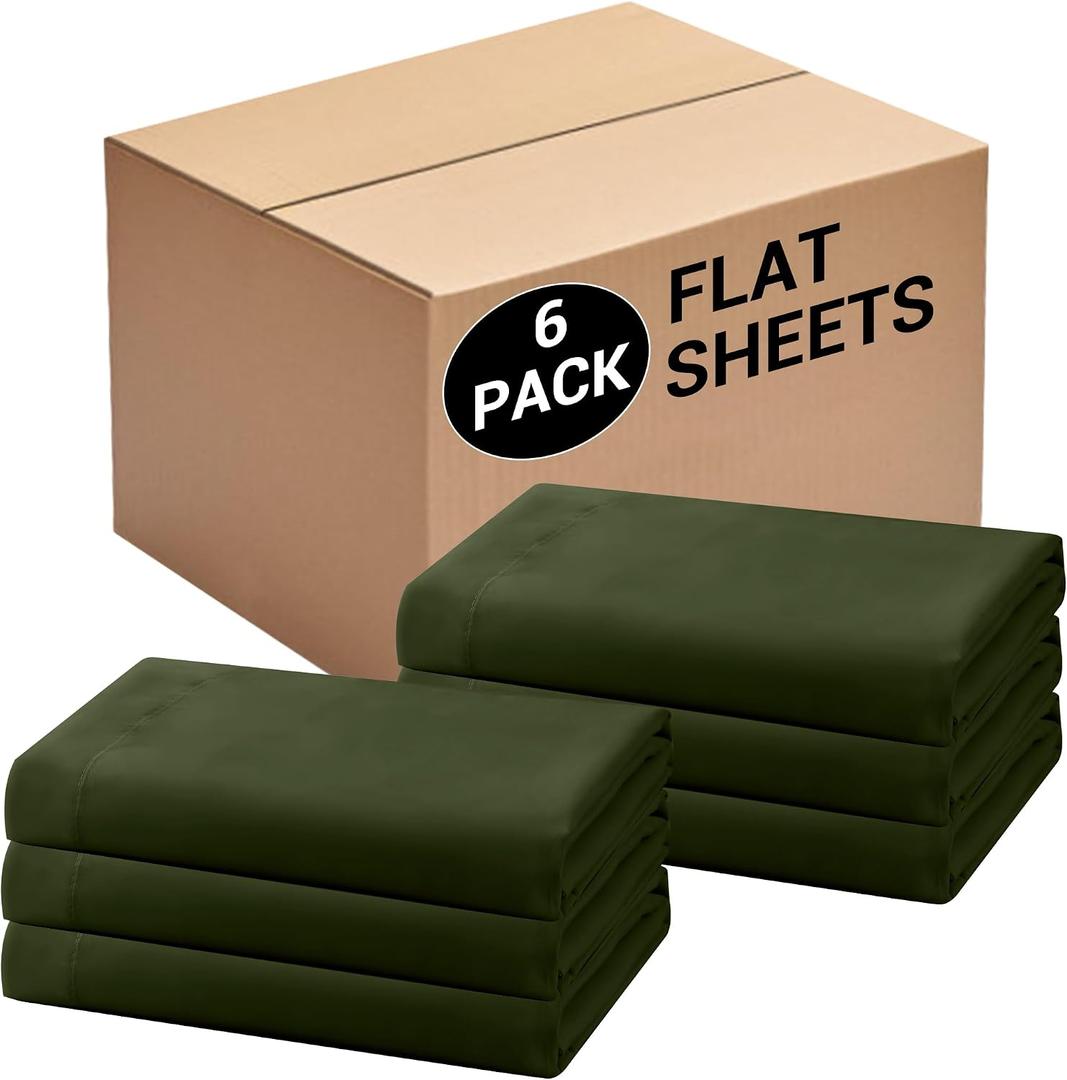 Bulk King Flat Sheets Only, 6 Pack Quick Sort Top Bed Sheet, Color-Coded Label Threads, Wrinkle-Free Shrinkage Durable Microfiber Hotel Motel Airb&bs Essentials for Hosts (105"x102",Olive Green)
