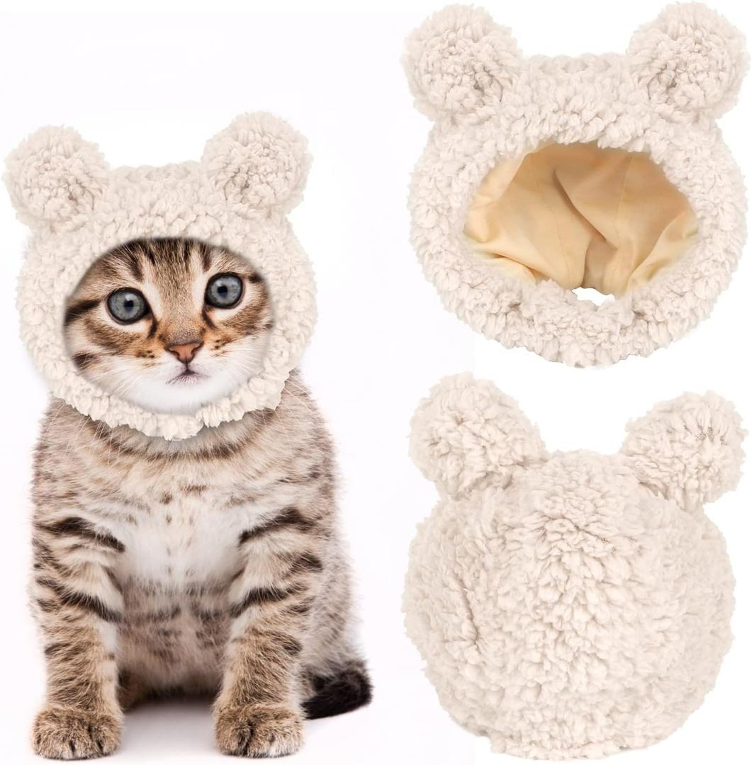 JOICEE Cute Cat Costume - Warm Bear Hat for Small Pets, Adjustable Soft Headwear for Cats & Puppies (White)