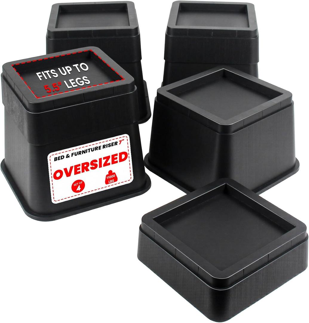 DEDU Oversized Bed Risers Heavy Duty 7 Inch 4 Pack, Furniture Risers for Sofas Stackable in 2, 5, or 7 Inch Supports Up to 11000 Lbs, Square Bed Raising Blocks Fits 5.5 Inch Wide Desk or Couch (Black)