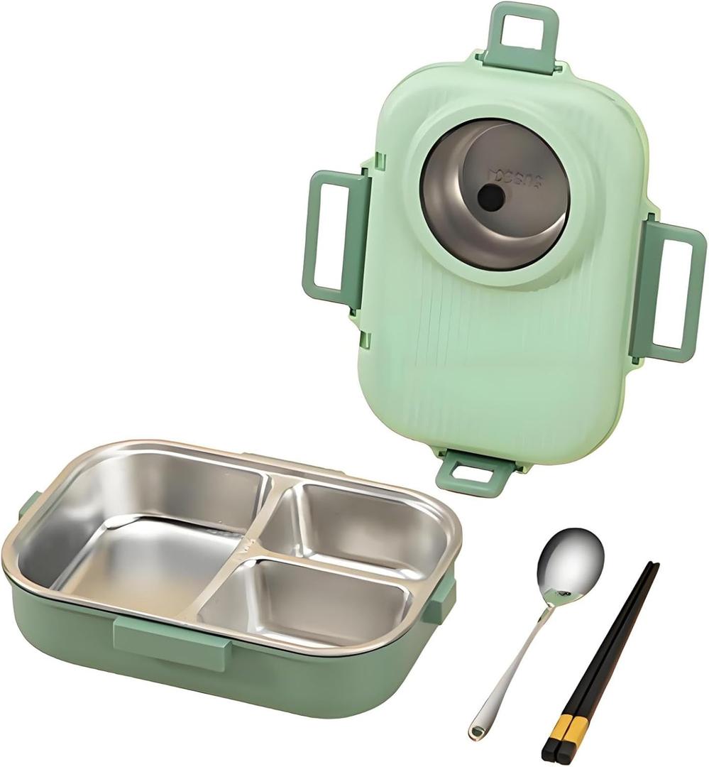 Bento Lunch Box, 304 Stainless Steel Portable Leakproof Lunch Food Containers Set with 3 Compartment for Adults - with Chopsticks Spoon Soup Bowl Gift for Friends, Family (Green)