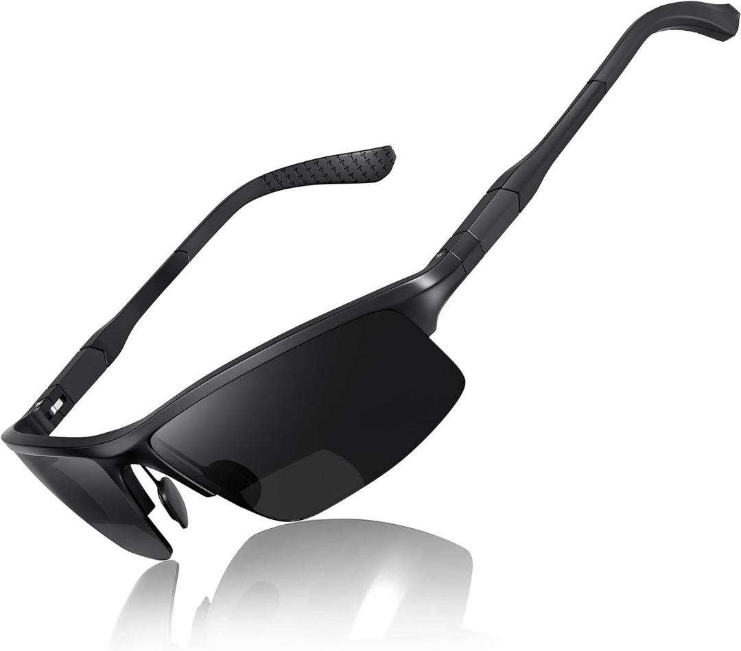 SKYOAK Sports Bifocal Reading Sunglasses Men Wrap Around UV 400 Protection Aluminum Frame Glasses Spring Hinge Semi Rimless Sun Readers Built In Driving/Running/Fishing Black, 2.5