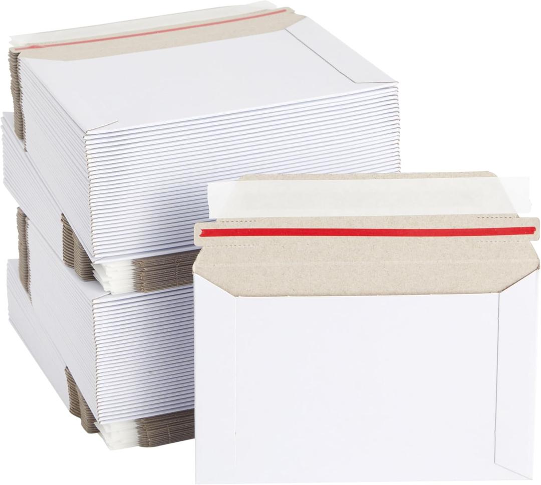 Mailing Envelopes - 6.5 x 4.5 in, White, 100 Count, Flat Peel & Seal - Thick Cardboard Envelopes, Photo Mailers & Trading Card Mailers