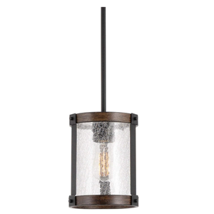 Kira Home Hadley 9" Modern Farmhouse Pendant Light, Crackled Glass Shade, Textured Black + Wood Finish Walnut Finish