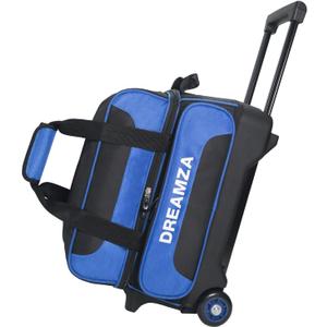 2 Ball Bowling Bag with Wheels, Double Bowling Ball Bag 2 Ball Roller w/Separate Compartment for Shoes Up to US Mens Size 16, w/Retractable Handle Extends to 40" & Accessories Pocket (Blue)