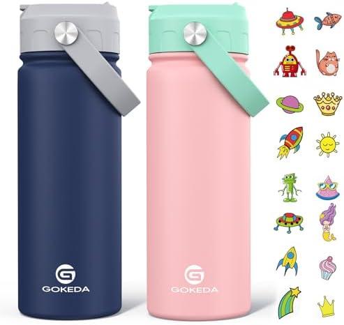 GoKEDA 18oz Kids Water Bottle, 2 Pack Insulated Bottles with Stickers, 18/8 Stainless Steel Vacuum Leak Proof Straw Cup for School, Gifts for Boys(Dark Blue, Pink)