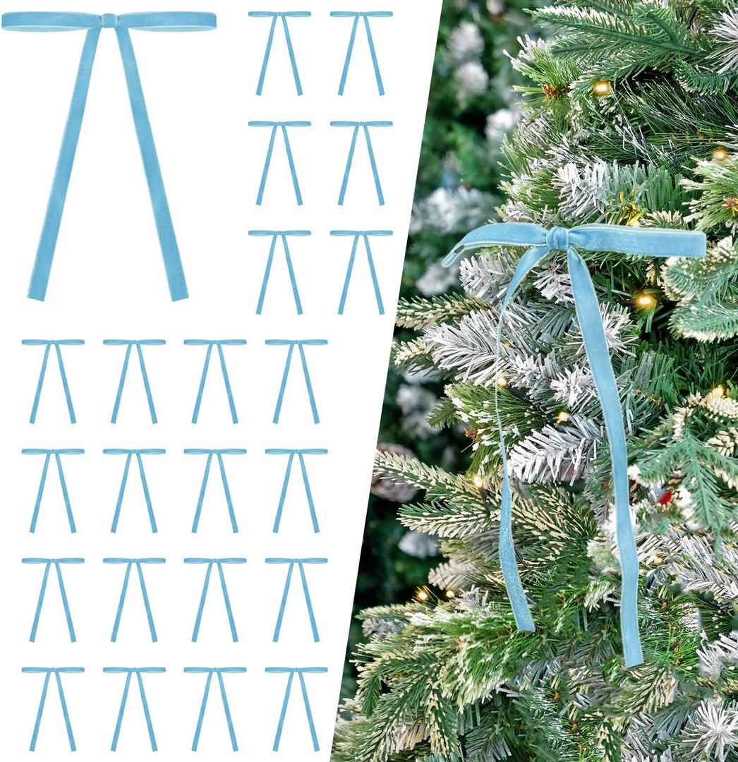 2 x 24 Pcs Light Blue Velvet Bows Ornaments for Christmas Tree, Vintage Rustic Velvet Christmas Bows Tree Decorations, Indoor Home Decor for Wreath Mantle Gift Wrap Holiday Decor, 3/8'' W, 5 * 7 inch