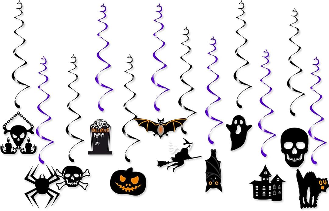 Halloween Bats Witch Party-Decorations Streamers - 12pcs Spooky Creepy Ghosts Skulls Skeleton Pumpkin Cats Spiders Hanging Swirls Banner,Window Fireplace Classroom Ceiling Garland Decor Panduola