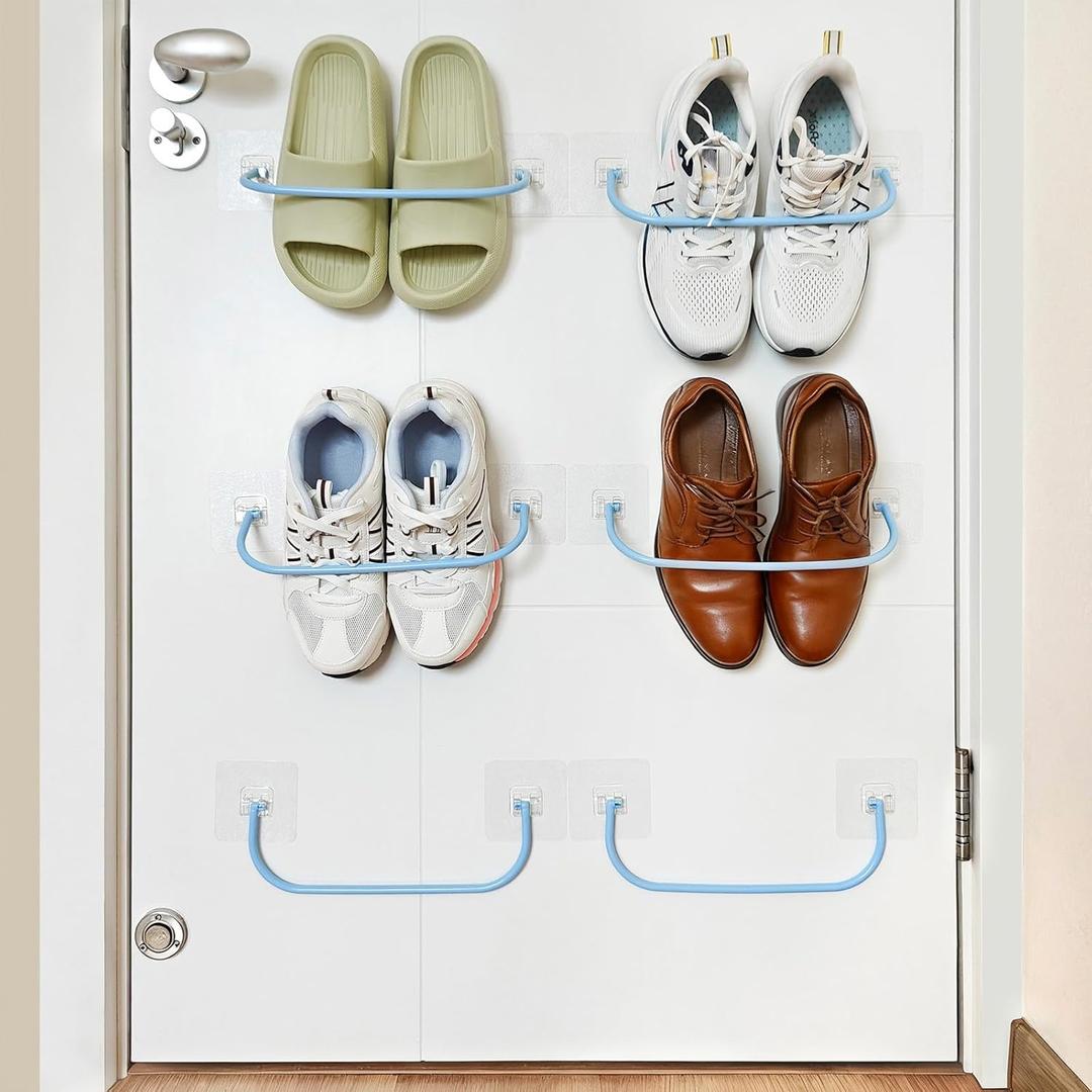 6 Pack Wall Mounted Shoe Rack with Sticky Hanging Strips, Wall Shoe Rack for RV camper, Small Space Shoes Holder for Door Shoes organizer Shelf No Drilling, Blue