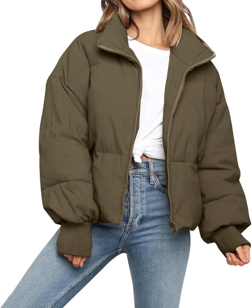 Womens Winter Cropped Puffer Jacket Coat Casual Quilted Baggy Long Sleeve Zip Down Jackets Outerwear (US, Alpha, Medium, Regular, Regular, Dark Green) (Green, M)