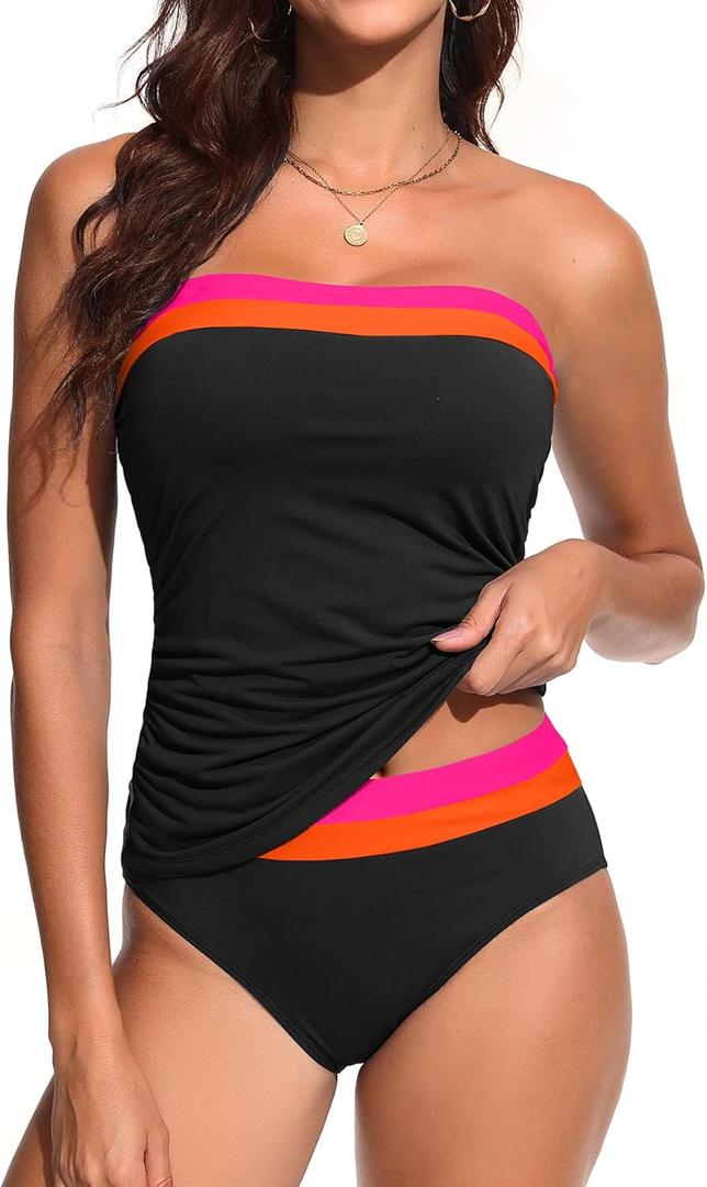 Daci Bandeau Tankini Swimsuits for Women - Two Piece Ruched Tummy Control Bathing Suit Strapless Swimwear with Bottom (Small, Black Pink Color Block)