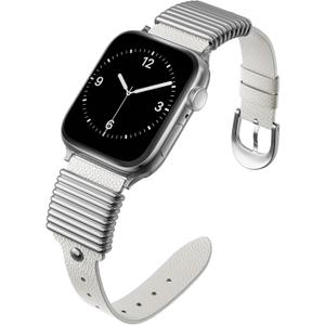 Bestsure Leather Bands for Apple Watch Bands 49 46 45 44 42 mm Women Men, Slim Dressy Fancy Designe Metal Ring Loops for iWatch Ultra SE Series 11 10 9 8 7 6 5 4 3 2 1, white