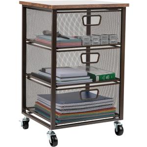 Mind Reader 3 Drawer Storage Organizer with Wood Top, Rolling Office Organizer Cabinet with Wheels, Office, Metal Mesh, Black