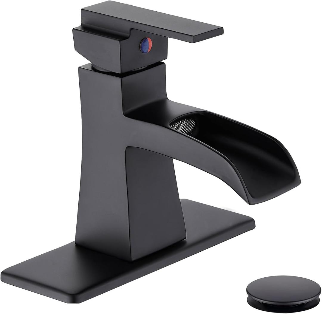 Black Waterfall Bathroom Faucet, One-Handle Bathroom Faucets for Sink 1 or 3 Hole, Matte Black Vanity Faucet, Single Hole Restroom Sink Faucet with Pop Up Drain
