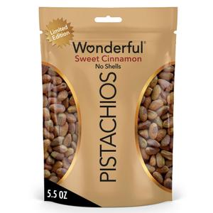 Wonderful Pistachios No Shells, Sweet Cinnamon Flavored Nuts, 5.5 Ounce Resealable Bag, Protein Snacks, Gluten Free, Healthy Vegan Snacks (EXP 10/31/26)