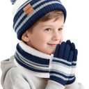 Kids Winter Hat Scarf Gloves: Boys Beanie Hats Gloves Set for Ages 6-10 Warm Thick Fleece Lined Winter Set Knit Cap Snow Ski (Navy Blue)