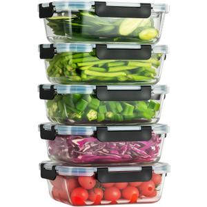 5-Piece Set, 36 oz Glass Meal Prep Containers with Snap-Lock Lids, Airtight Lunch Containers, Microwave, Oven, Refrigerator & Dishwasher Safe, Black