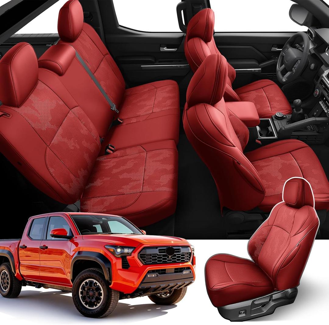 DiffCar Seat Covers for Toyota Tacoma 2026 2025 2024 Double Cab(Gas Only), Full Set Faux Nappa Leather Truck Accessories for Tacoma 4th Gen, Car Seat Protectors Custom Fit for Tacoma Seat, Red Camo