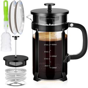 French Press Coffee Maker 304 Stainless Steel Coffee Press,with 4 Filters System, Heat Resistant Thickness Borosilicate French Press Glass, BPA-Free Brewed Tea Pot Coffee Plunger(Copper 12oz) (Black)
