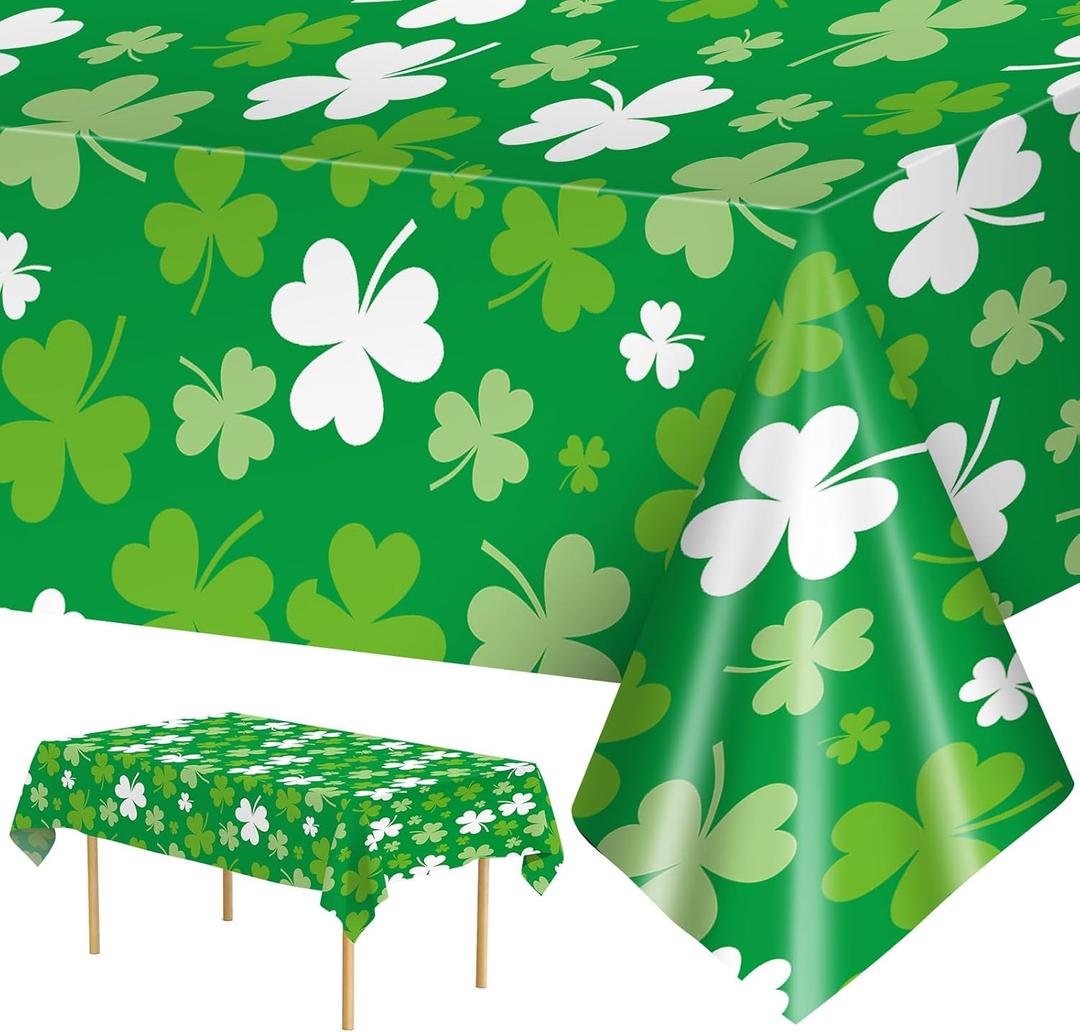 2 Pack St Patrick's Day Tablecloth - Green Shamrock Table Cloth, Plastic Disposable Rectangle Luck Irish Clover Table Cover for Saint Patrick Day Table Decorations and Party Decor, 108 x 54 Inch