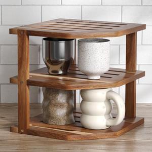 VERTORGAN 3 Tier Acacia Wood Corner Shelf,Dish Drying Rack,Plate Organizer,Kitchen Spice Rack for Countertop and Cabinet,Pantry Organization and Storage (1 Pc, Brown)