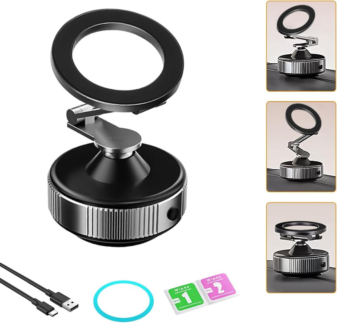 Magnetic Phone Holder for Car - Electric Vacuum Suction & 360 Rotatable Mount, Strong Magnetic Car Phone Mount for iPhone 16/15/14/13/12 Series - Foldable Design for Dashboard/Windshield/Mirror