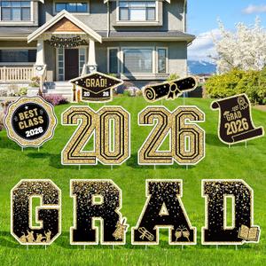 2026 Graduation Decorations Yard Signs 10PCS Black and Gold Congrats Grad Lawn Decorations with Stakes, Graduation Party Supplies, Large Outdoor Graduation Party Decor for High School & College