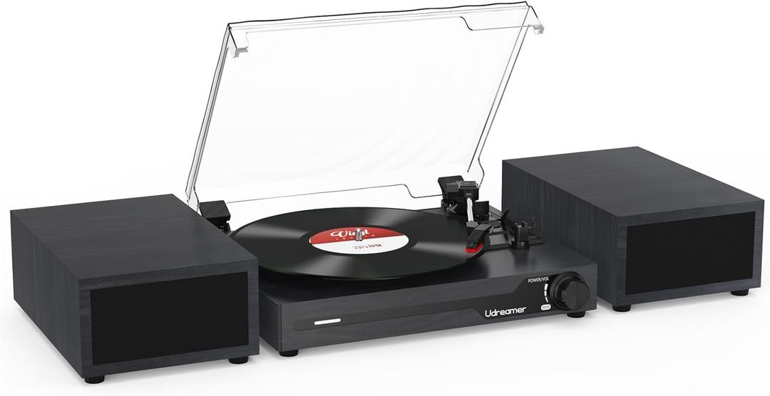 Vinyl Record Player with External Speakers BT 5.3 Wireless Turntable Portable with 3 Speed USB Vintage Wooden Black