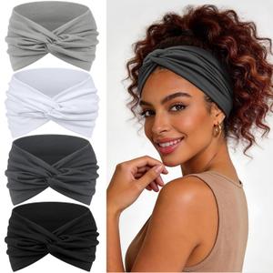 Wide Headbands for Women's Hair, 4 Pcs Hair bands Vintage Turban Elastic Head Bands Adult Women Soft Head Wraps Knotted for Yoga & Workout Summer Fashion Hair Accessories (gray)