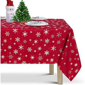 LUSHVIDA Christmas Tablecloth Rectangle - 60x84 inch Snowflakes Foil Print Pattern Washable Wrinkle Resistant Holiday Tablecloths for Christmas Family Gathering, Dining Room Table 130GSM