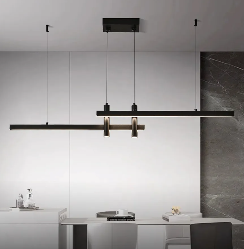Modern Black Linear Pendant Lights Kitchen Island Lighting Minimalist Led Chandeliers Pool Table Light Dimmable Ceiling Hanging Light Fixture Dining Room with Remote Control (47in)
