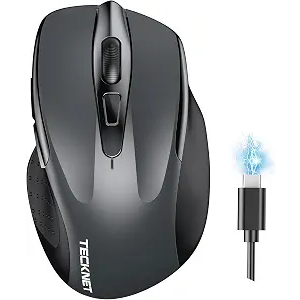 TECKNET Wireless Mouse (BT5.0/3.0 & 2.4G) Rechargeable 4800 DPI Silent USB A & Bluetooth Mouse 6 Buttons, Wide Compatibility - Grey